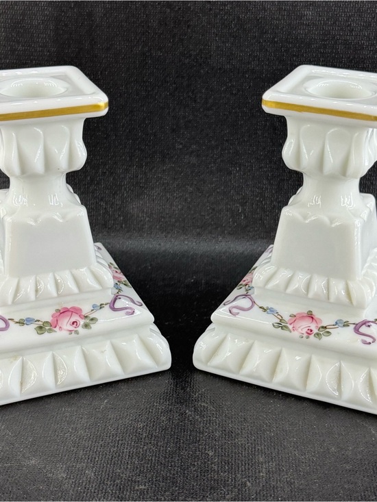 Westmoreland Other - Set of 2 VintageWestmoreland Milk Glass Hand-Painted Floral Candlestick Holders